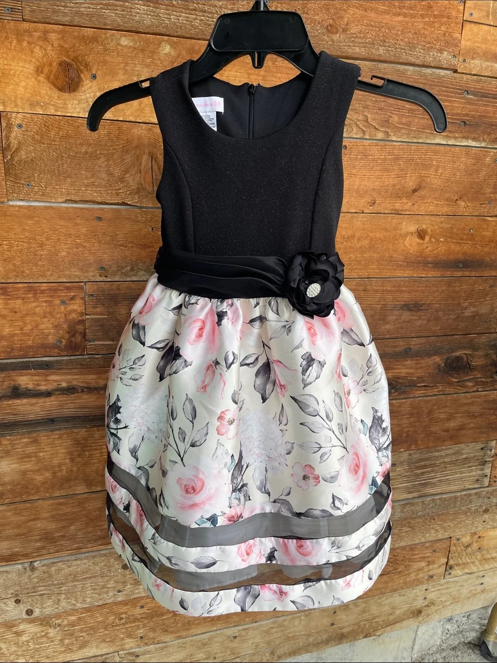 Bonnie Jean Girls Size 6X Black Pink Floral Sparkle Party Dress Flower Accent